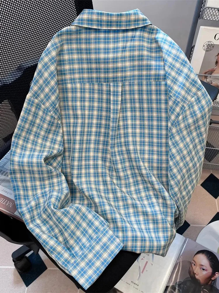 Bxoxo Retro Blue Plaid Shirt Women Casual Fall Long Sleeve Harajuku Retro Blouse Japan Preppy Style Female Turn Down Collar Tops