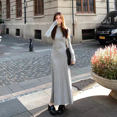 BXOXO  Autumn Half Turtleneck Dress Women Korean Elegant Black Hepburn Style Midi Dress Y2K High Waist Long Sleeve Warm A Line Vestidos