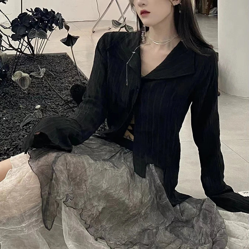 Bxoxo Gothic Women Black Shirts Korean Female Designed Irregular Tops Dark Academic Spring Fashion Streetwear Y2K Blouse New