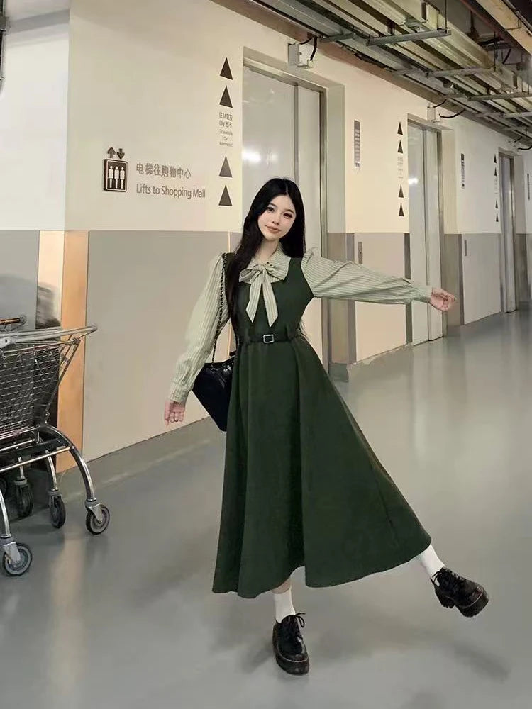 Bxoxo Y2K Fake 2 Piece Long Sleeve Midi Dress Women Autumn Chic Preppy Bow Tie Lapel Shirt Elegant Office Lady Casual Fake Two Pieces