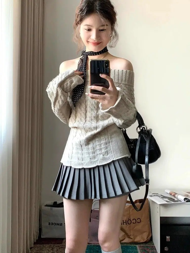 BXOXO Korean Style Sexy Off Shoulder Sweater Women Sweet Elegant Long Sleeve Knitted Pullover Cute Fashion Slim Up Sweaters