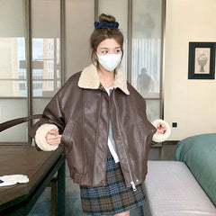 Bxoxo American Retro Pu Leather Jacket Women Y2K Streetwear Loose Lapel Motorcycle Coats Bf Winter Thick Lamb Warm Outwear New