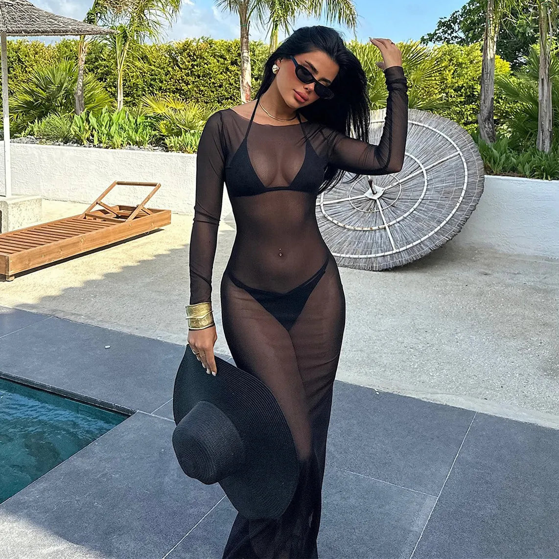 BXOXO Women Slash Neck Mesh See-Through Dress New Sexy Slim Pullover Long Sleeve Floor-Length Solid Dresses Beach Cover ups
