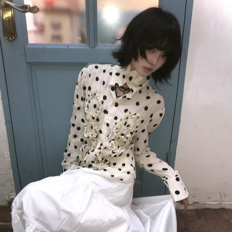 BXOXO Japanese Y2k Polka Dot Shirt Trashy 2000s Style Frill Blouse Women Vintage Harajuku Irregular Shirts Grunge Aesthetics