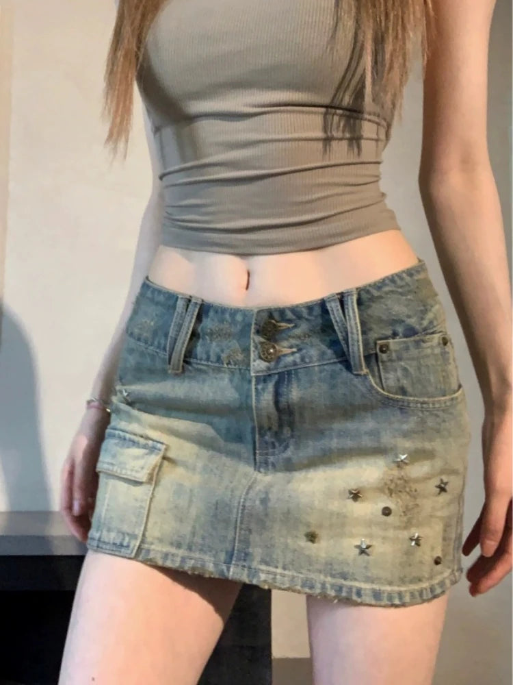 Bxoxo Vintage Denim Mini Skirt Women Trashy Y2k 2000s Low Waist Sexy Star Rivet Distressed Slim Pencil Skirt Gyaru Streetwear