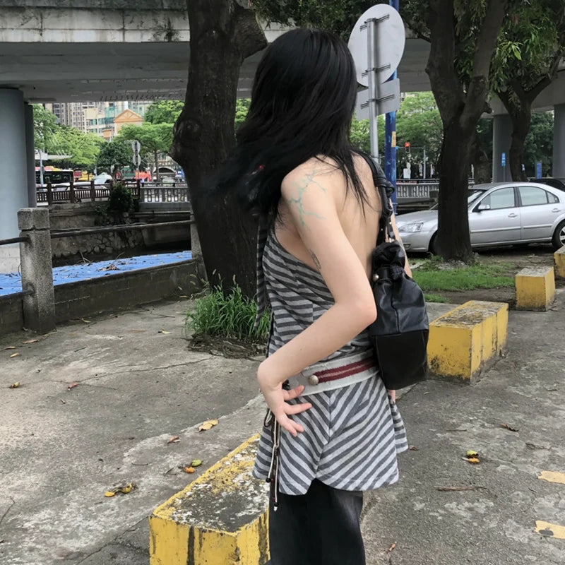 BXOXO Japanese Y2k Tank Tops Women Striped Backless T-shirts Sleeveless Streetwear American Retro Camis Aesththic 2000s Tops
