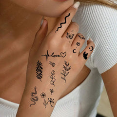 BXOXO Small Tattoo Stickers for Finger Flower Snake Moon Leaf Design Temporary Tattoos for Hand Body Decor Fake Tattoo for Women