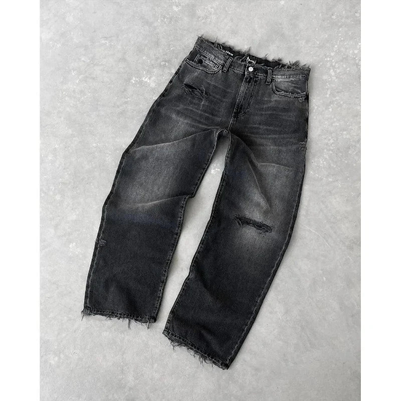 Bxoxo Washed Ripped Distressed Jeans Women and Man Hole Embroidery Wide Leg American Retro Denim Pants Baggy Punk Streetwear