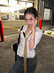 BXOXO Korean Fashion Shirt Women Striped Three Quarter Slim Shirt Y2k Vintage Tops Streetwear Japanese 2000s Retro Shirts