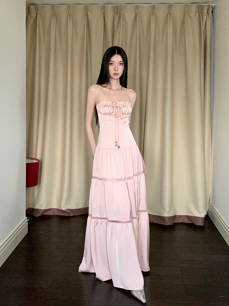 Bxoxo Pink Satin Backless Maxi Dress For Woman Shirring Beading A Line Long Tube Dress 2025 Summer Vacation Clothes