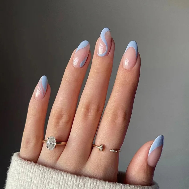 Bxoxo 24P French Oval False Nails Girls White Edge Design Nude Color Wearable Press on Nail Full Cover Short Acrylic Almond Fake Nails