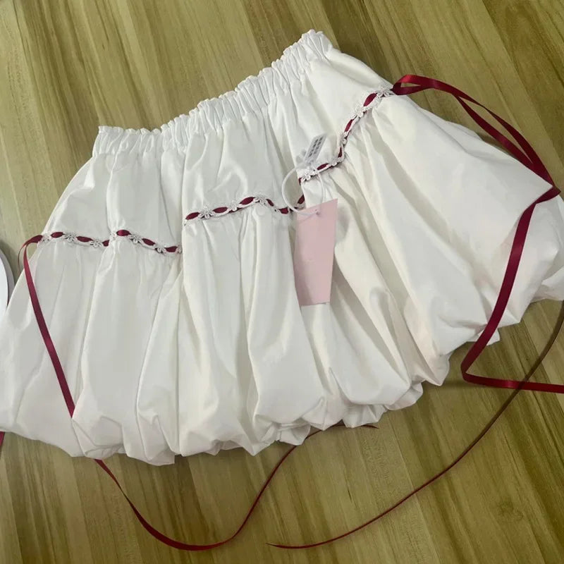 Bxoxo White Lace Up Mini Skirt Women Summer High Waist All Match Bud Skirts Y2K Korean Sweet Preppy Patchwork A Line Skirts New