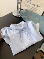 BXOXO Casual Sweet Blue Shirt Women Cute Lace Patchwork Bow Blouse Vintage French Preppy Style Short Sleeve Elegant Kawaii Tops
