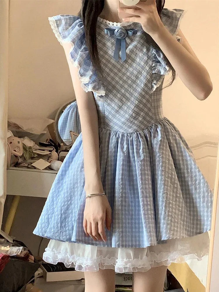 BXOXO Cute Sweet Blue Plaid Dress Women Elegant 3D Floral Flying Sleeve Mini Dress Japan Vintage Slim Kawaii Lace Patchwork Dress