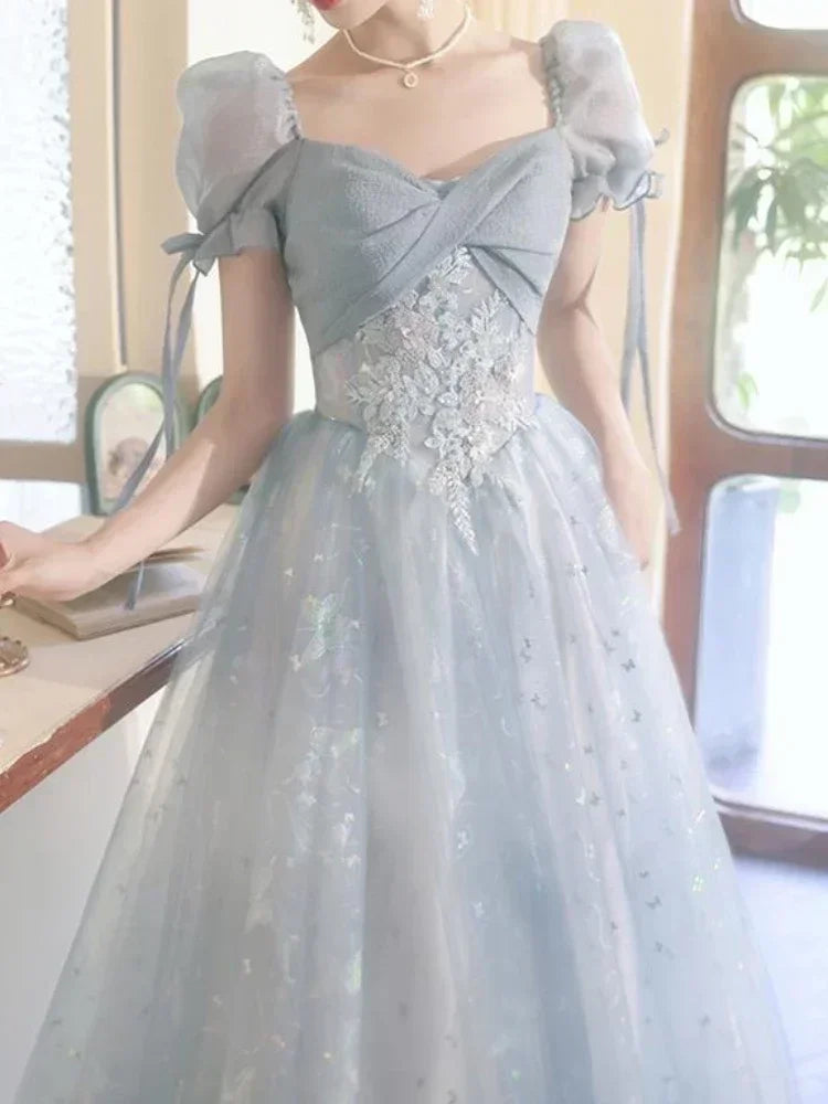 BXOXO Customized Simple Solid Square Collar Puff Sleeve Princess Prom Dress Front Cross Bow Design Slim A-line Vestidos High End Strap
