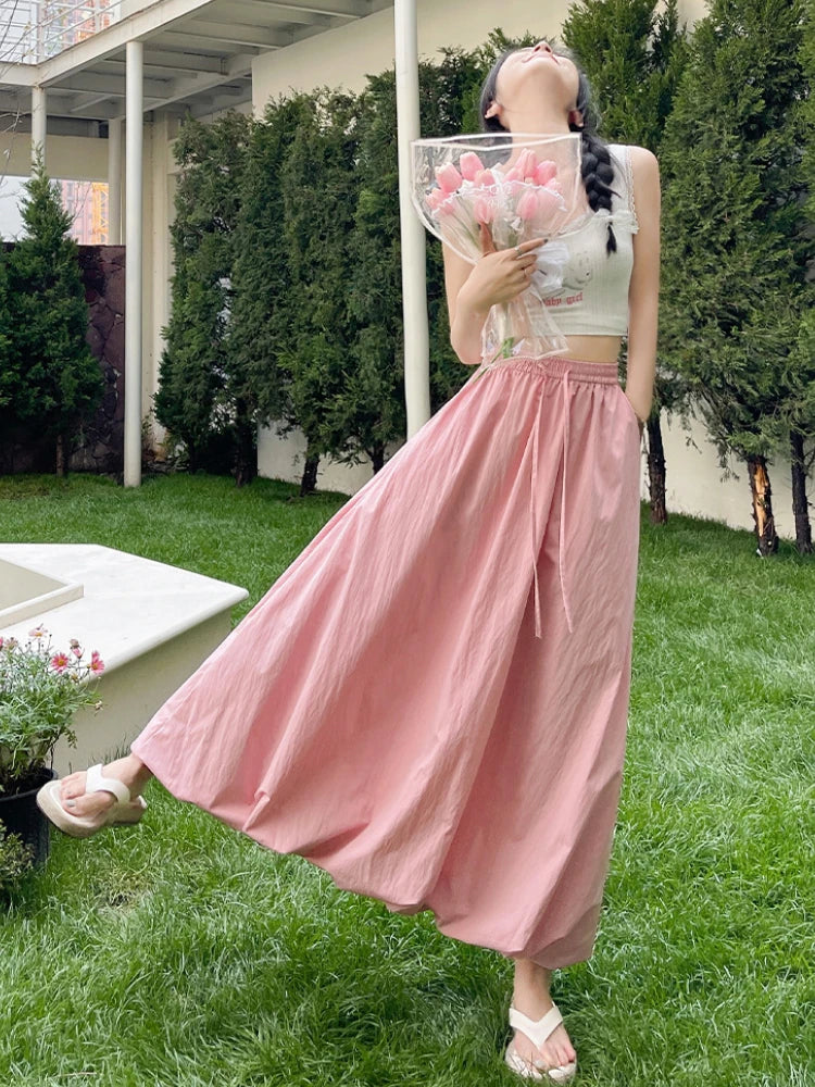 Bxoxo High Waist Fluffy Flower Bud Skirt Summer New Loose Versatile A-line Lantern Skirt Solid Color Elastic High Waist Long Skirt