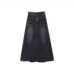 Bxoxo New Streetwear Denim Skirt Spring Summer Fashion Frayed Hem Pocket High Waist Long Jeans Skirt Loose Plus Size Skirt S-5XL