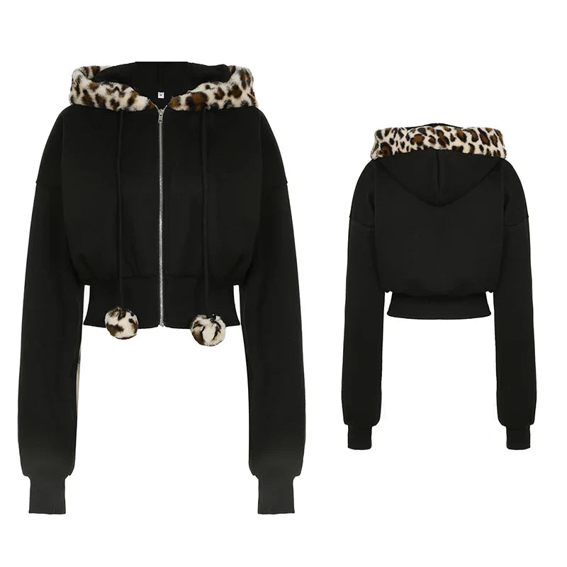 BXOXO Zip Up Fur Neck Hoodie Coats Fashion Slim Solid Y2K Vintage Women's Jackets Casual Streetwear Chic Basics Clothes