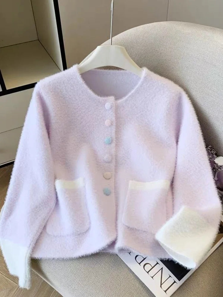 Bxoxo Faux Mink Cashmere Sweet Cardigan Women Long Sleeve O Neck Elegant Knitted Sweaters Korean Fall Winter Fashion Soft Pockets Tops