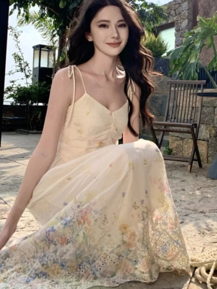 Bxoxo Summer French Print Embroidery Women's Dresses 2025 Prairie Chic Elegant V-Neck Pleated Lace-up Long Dress New Fashion Casual