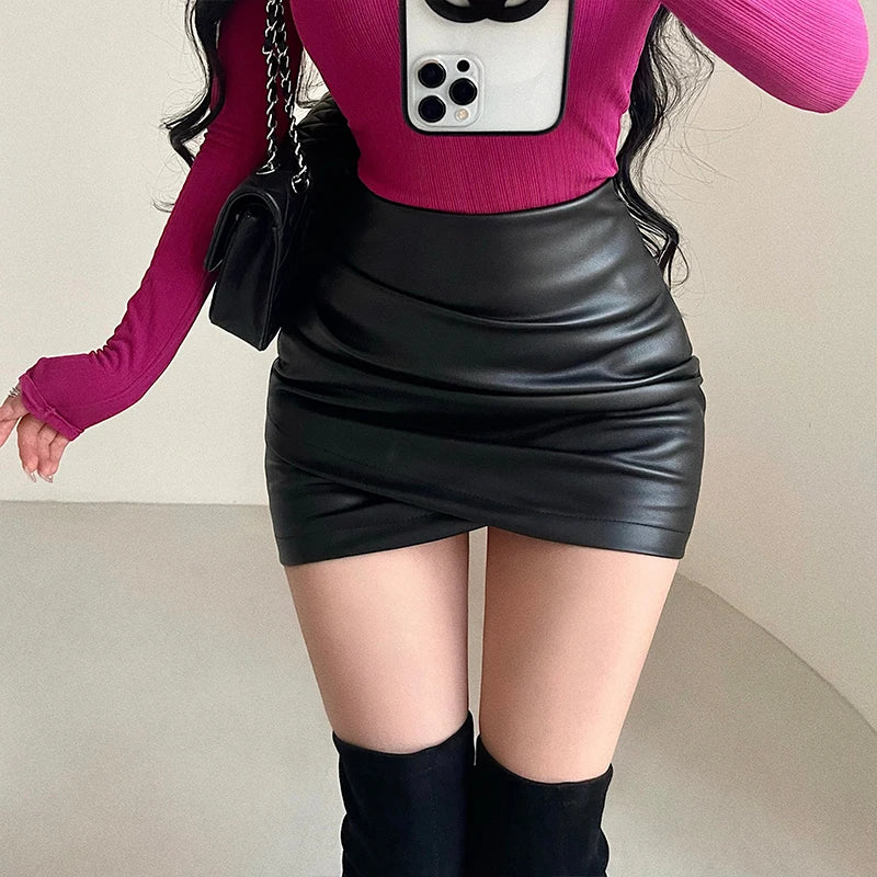 BXOXO Spicy Girl Sexy High Waist Slim A-LINE Wrinkle Wrapped Hip PU Leather Skirt Short Skirt Sweet Korean Women