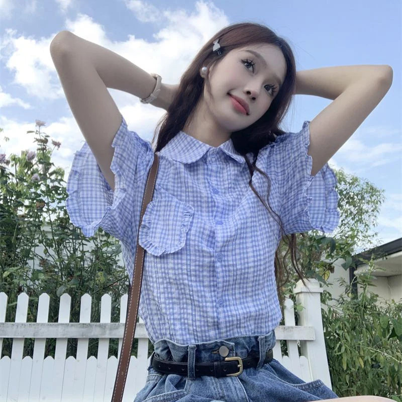 Bxoxo Korean Ruffles Short Sleeve Plaid Shirt Women Preppy Sweet Turn Down Collar Blouse female Summer chic Pocket Button blouse