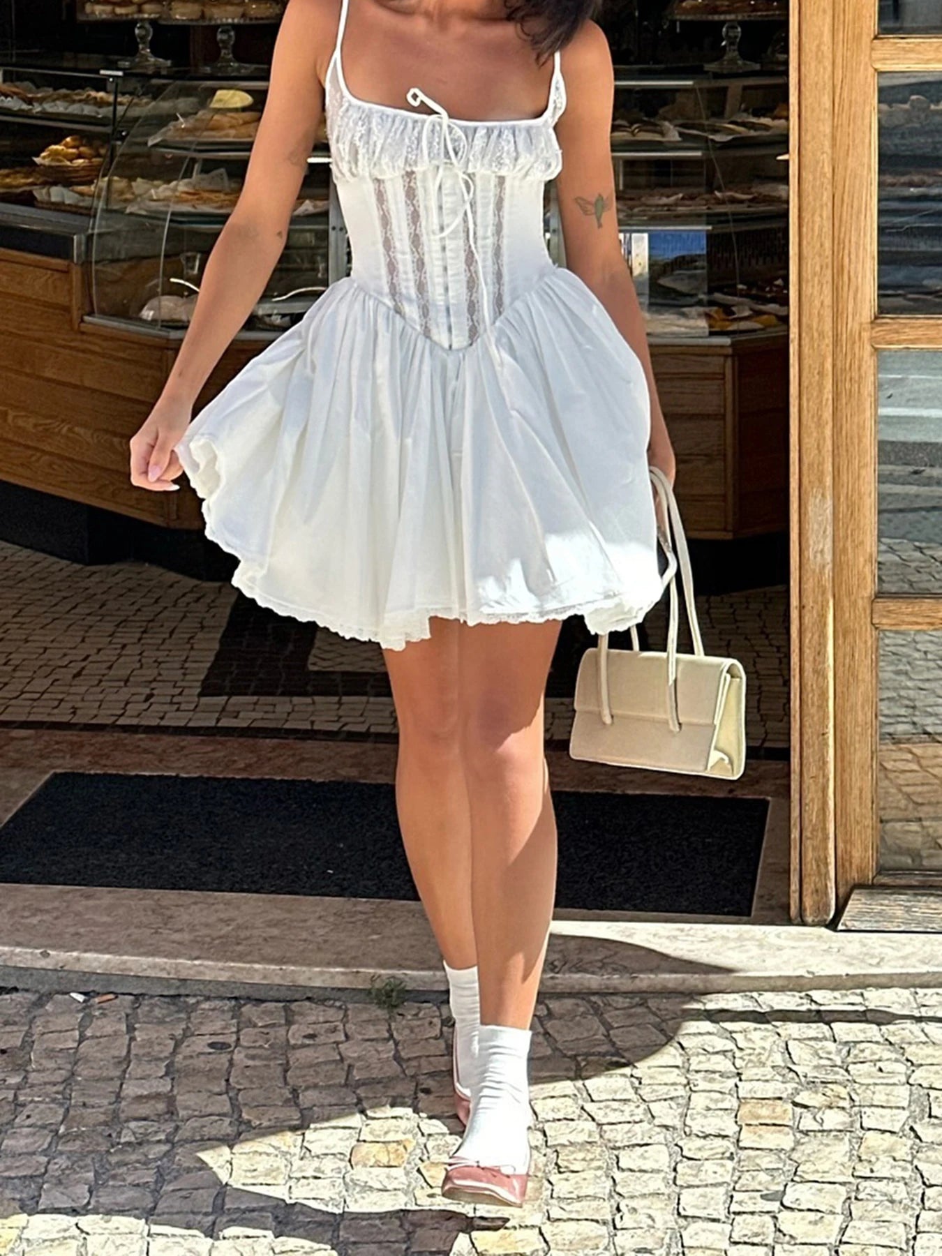 BXOXO Fashion Fairycore Lace Spliced A-Line Camisole Dresses Elegant Sold Sheer New Trendy Women Frocks