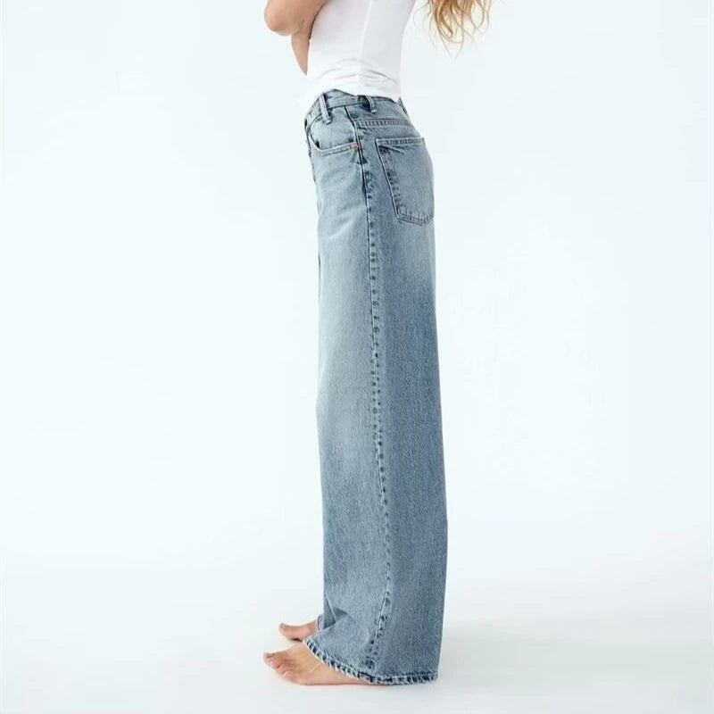 Bxoxo Vintage Basic Irregular Women Jeans Washed Wide Leg Straight Denim Pants Baggy High Waist Asymmetrical Trousers Casual