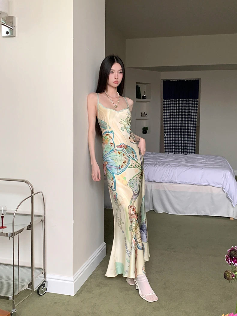 Bxoxo Ocean Flowers Backless Long Mermaid Dress For Woman Summer 2025 V Neck Midi Slip Dress Evening Party Clothes