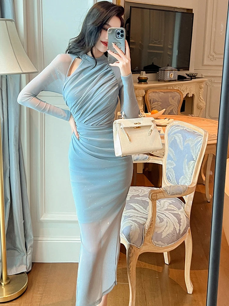 Bxoxo New Sparkly Evening Long Dresses Elegant Women Clothing Ladies Mujer Chic Hollow Skinny Elastic Long Party Prom Dress Robe Femme