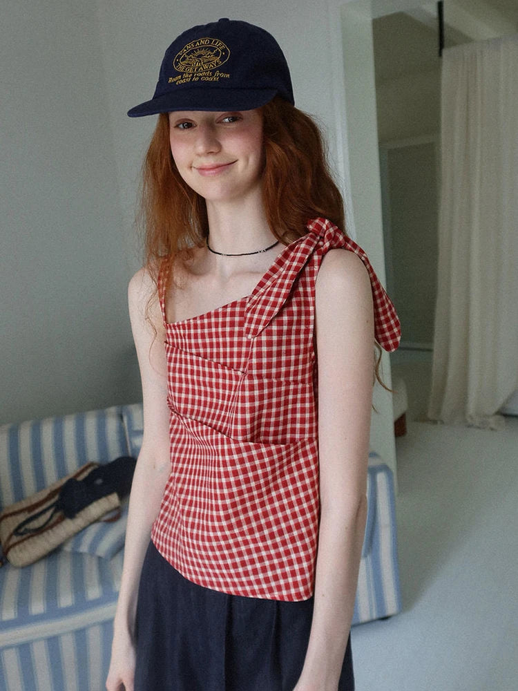 Bxoxo American Retro Plaid Tanks Women Slim Sexy Off Shoulder Camis Tanks Cute Bow Vintage Female Summer Casual Y2K Tanks Tops
