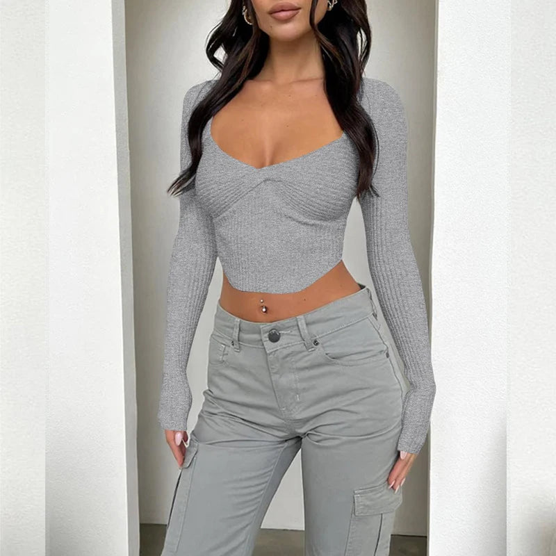 BXOXO Autumn Sexy Women's T-shirt New Corset Solid V-Neck Long Sleeves Crop Top Fashion Asymmetrical Streetwear Casual Female T-shirts