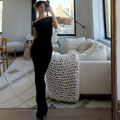 BXOXO Black Long Dress Women Sexy Off Shoulder Short Sleeve Bodycon Party Dresses Summer Elegant Fashion One-shoulder Maxi Dress 2024