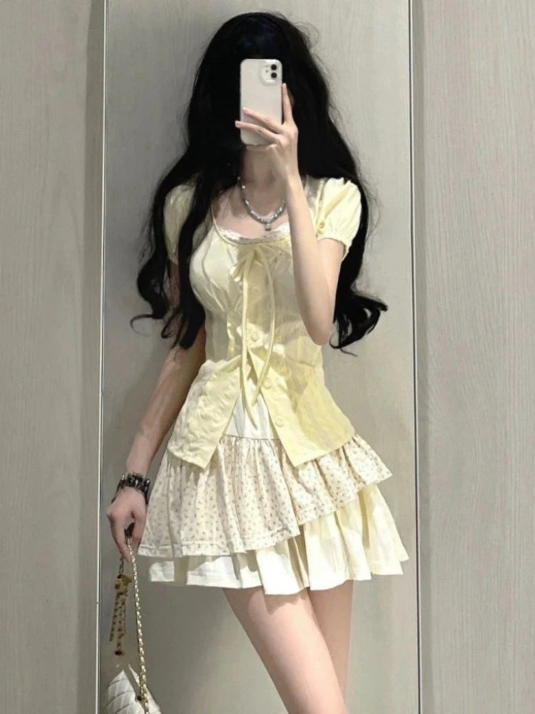 BXOXO 2000s Vintage 2 Piece Sets Women Lace Short Sleeve Cardigan Blouse Women+ Sexy Slim Camisole Dress 2024 Japanese Y2k Dress Suits