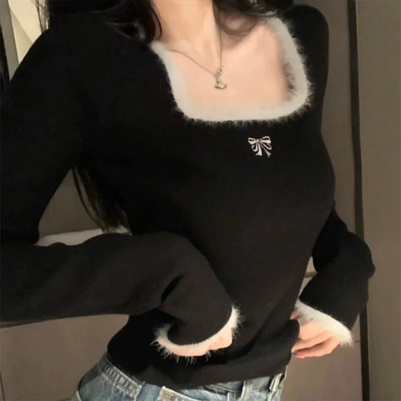 Bxoxo Women Butterfly Embroidered T-shirts Square Neck  Long Sleeve Patchwork Y2K T-Shirts Casual Tees Women Autumn Winter