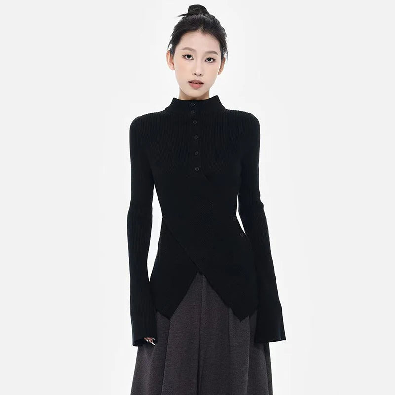 Bxoxo Half Turtleneck Irregular Knit Sweater Y2K Streetwear Cross Button Pullover Autumn Solid Long Sleeve All-Match Slim Base Jumper