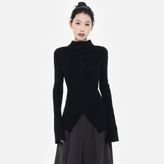 Bxoxo Half Turtleneck Irregular Knit Sweater Y2K Streetwear Cross Button Pullover Autumn Solid Long Sleeve All-Match Slim Base Jumper
