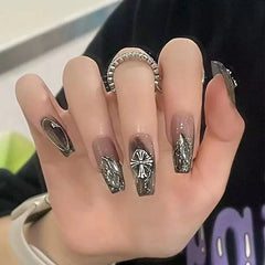 Black Square Press On Nails with 3D Cross Designs - Full Cover Acrylic False Nails for Women and Girls Detachable Long Fake nail