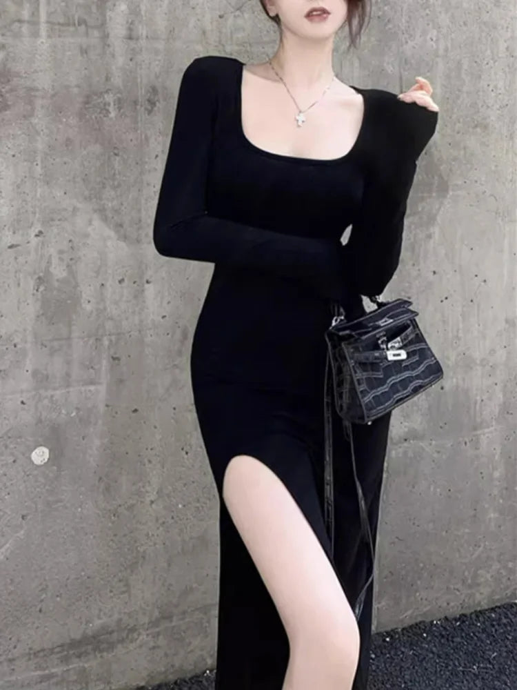 BXOXO Sexy Side Slit Dress for Women Tight-fitting Wrap Hip Over-the-knee Long Sleeved Dresses Black Street Bodycon Spring Autumn