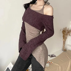 BXOXO Elegant Simple Solid Color Fake Two Pieces Casual Knitted Elastic Breathable Women's Long Top