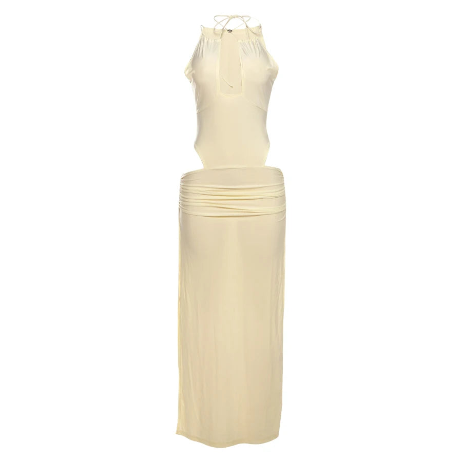 BXOXO Hollow Thin Sexy Women Dress Y2K Side Shirring Hollow Sleeveless Bandage Summer Trend Waistless Clubwear Maxi Bodycon