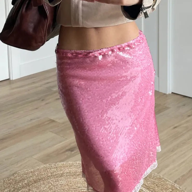 BXOXO Women's Fashion Midi Skirts Sequins Lace Trim Low Waist Skirts Summer Fashion Bodycon Skirts Dress Y2K Streetwear