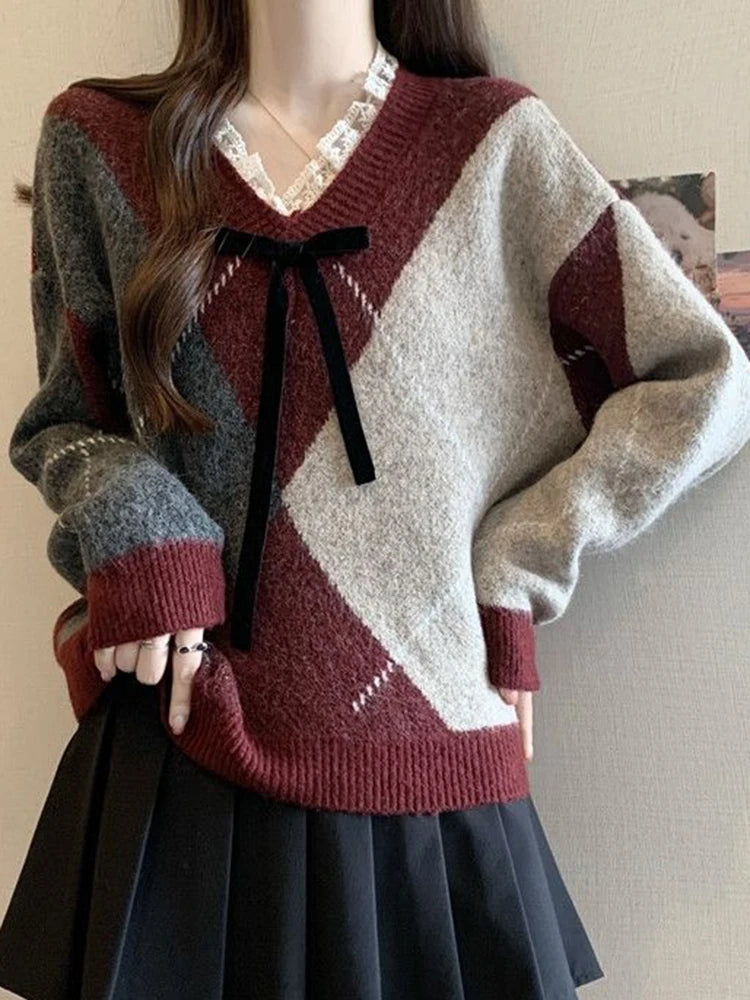Bxoxo Sweet Bow Argyle Sweaters Women Retro Preppy Style Loose Knitted Pullover Lace Patchwork Long Sleeve Female Vintage Jumpers Fall