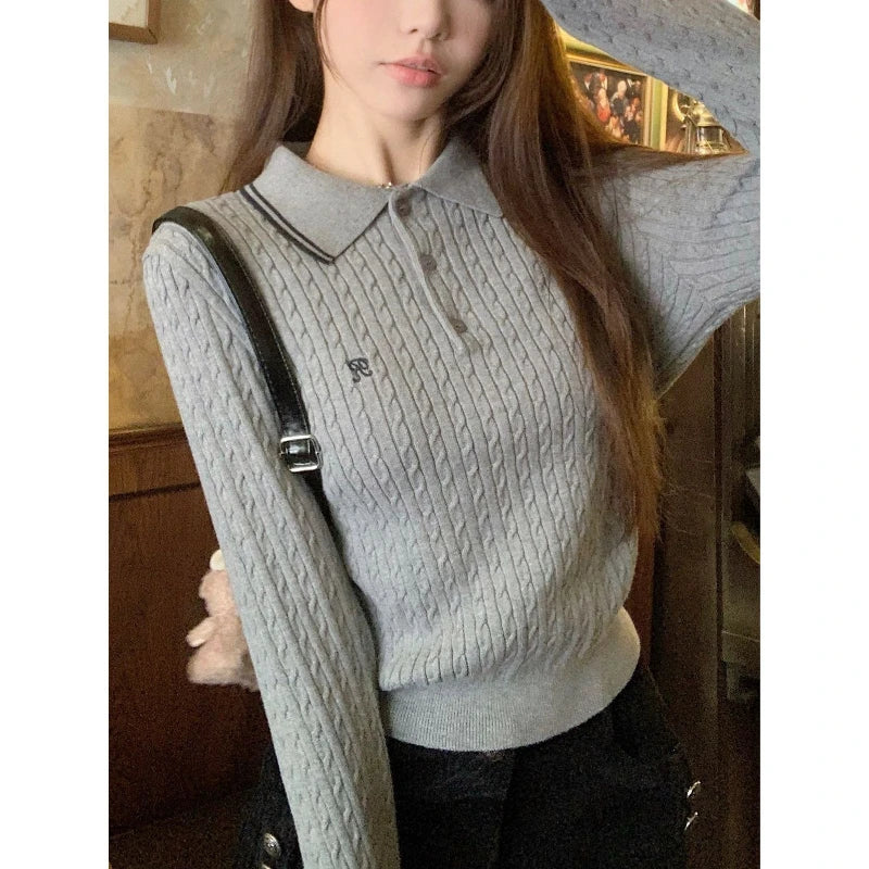 Bxoxo Preppy Style Embroidery Sweaters Women Old Money Style Korean Knitted Pullover Vintage Long Sleeve Gray Polo Jumpers
