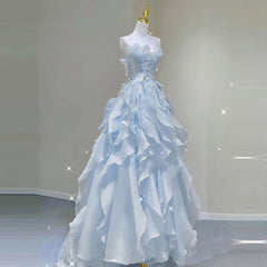 BXOXO Blue Evening Dress Women Luxury Elegant Ruffles Fairy Birthday Prom Gown Exquisite Sleeveless Bride Banquet High-end Host Dress
