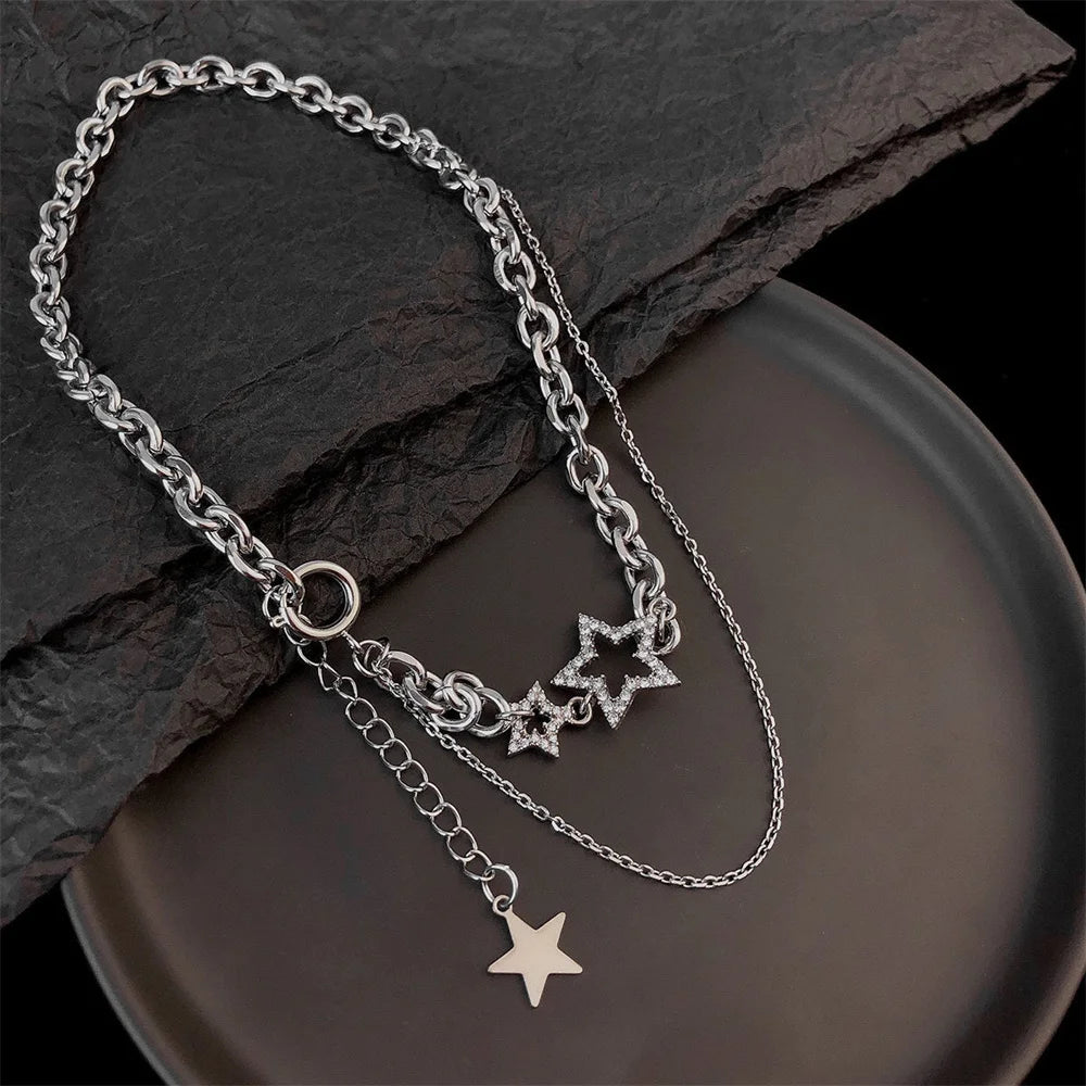 BXOXO Acrylic Rhinestone Star Double Layer Choker Necklace Hip Hop Short Clavicle Chain Necklace Women Collar Party Jewelry Gift