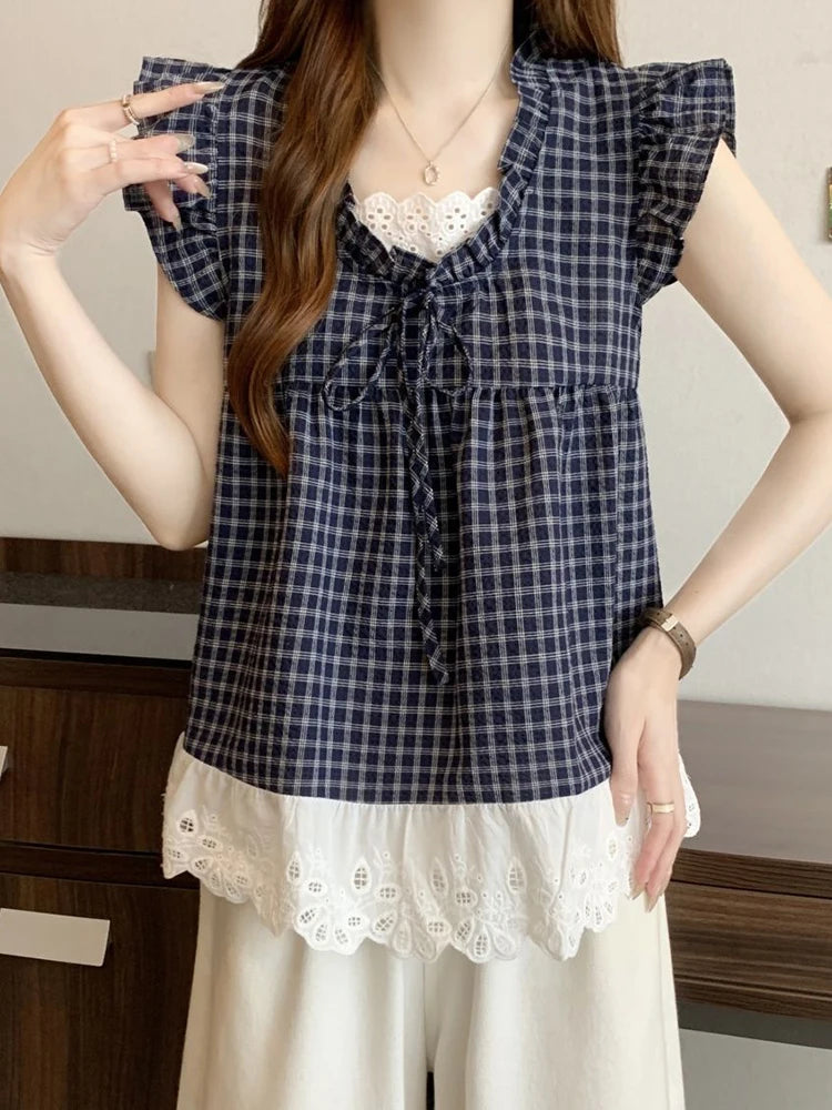 BXOXO Lace Patchwork Plaid Shirt Women Casual Loose Flying Sleeve Vintage Blouse Preppy Style Sweet Korean Lady Retro Summer Tops