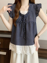 BXOXO Lace Patchwork Plaid Shirt Women Casual Loose Flying Sleeve Vintage Blouse Preppy Style Sweet Korean Lady Retro Summer Tops