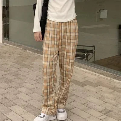 BXOXO Fashion Warm Plush Pants Cashmere Thick Plaid Ladies Winter Casual Loose Wide-legged Pants Korean Streetwear Students