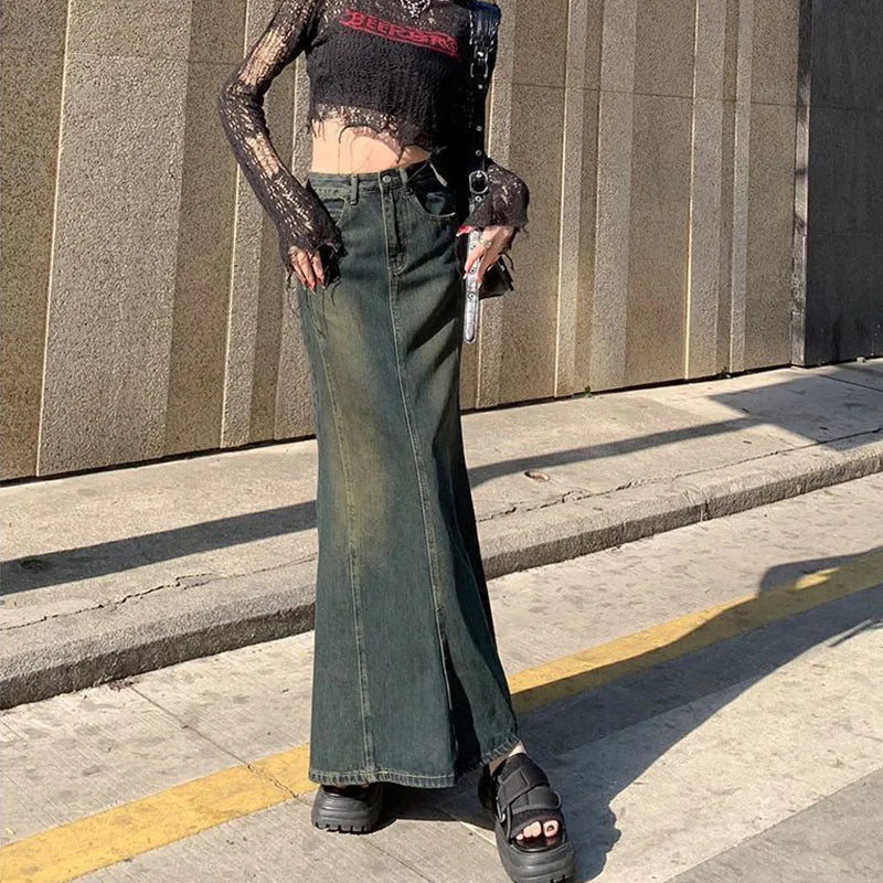 BXOXO Mermaid Denim Skirts Autumn Winter Woman Sexy Bandage Floor-Length Skirt Women Vintage Fashion High Waist Skirts Ladies